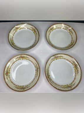 Vintage Set Of 4 Meito China Hand Painted BRONSON 7 1/2” COUPE BOWLS Floral GOLD